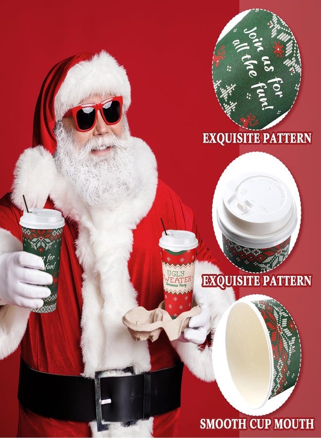 Nitial 100 Set Christmas Paper Cups 16 oz Disposable Coffee Cups with Lids Straw Christmas Paper Beverage Cups for Xmas Hot and Cold Drinks Tea Water Party Supplies(Ugly Design) - Image 3